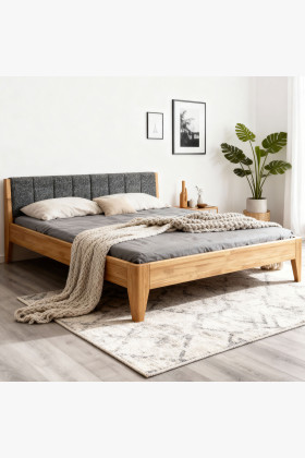 Tömör tölgy ágy 180x200 cm szövet fejtámlával, fiókkal bővíthető