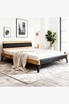 Tölgyfa ágy gerendákból fekete kárpitozással 180 x 200 cm  - 1