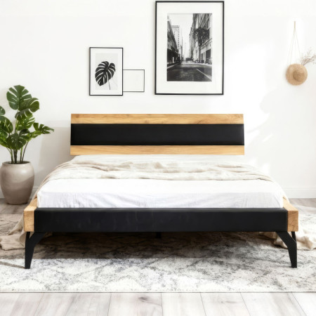 Tölgyfa ágy gerendákból fekete kárpitozással 180 x 200 cm  - 3
