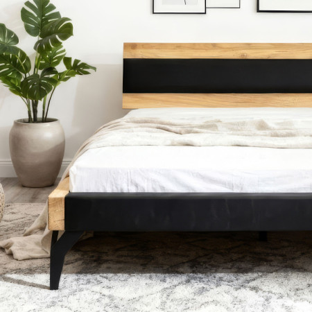 Tölgyfa ágy gerendákból fekete kárpitozással 180 x 200 cm  - 4