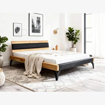 Tölgyfa ágy gerendákból fekete kárpitozással 180 x 200 cm  - 7