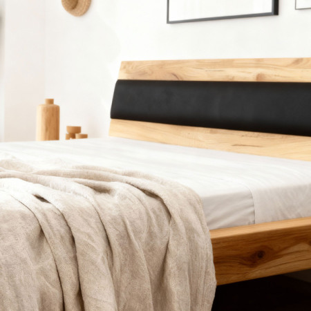 Tölgyfa ágy gerendákból fekete kárpitozással 180 x 200 cm  - 9