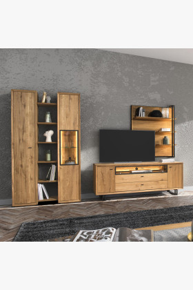 Tölgyfa nappali bútor szett, TV komód, vitrin és polc, természetes fa