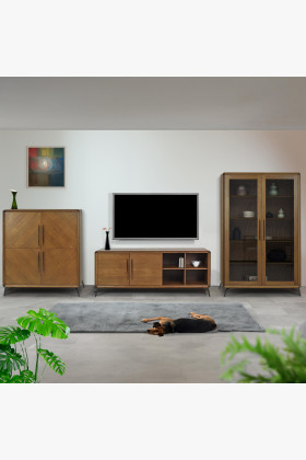 Lisabon dió színű tölgyfa nappali bútor szett TV komóddal és vitrinnel