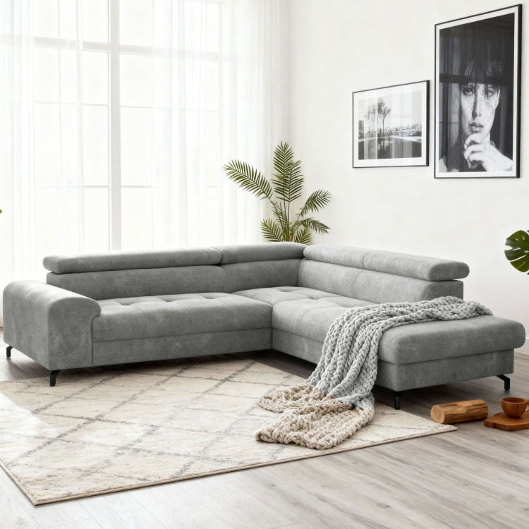 Sarokülő kanapé ággyá alakítható funkcióval és tárolóhellyel - Jobbos, platina színű  - 1