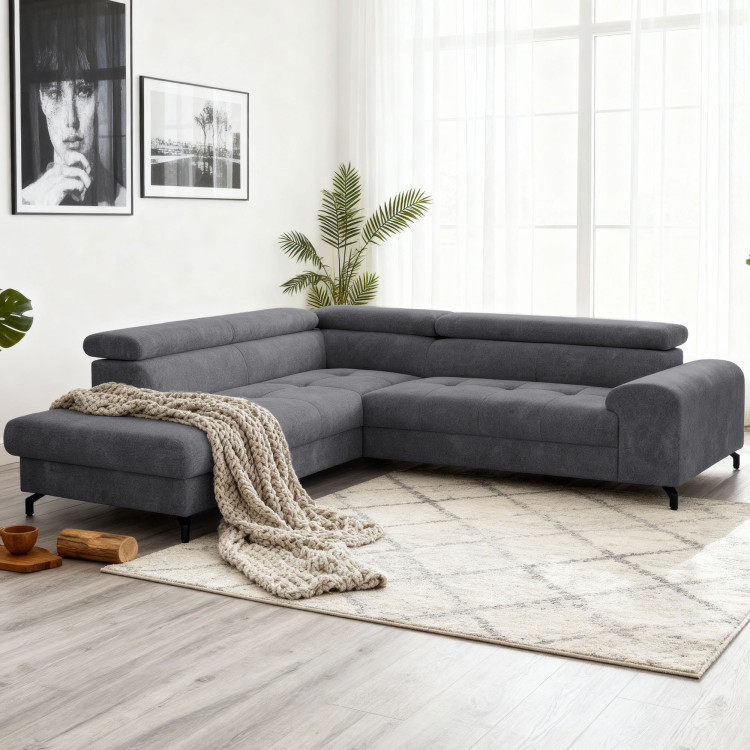 Sarokkanapé ágyazható funkcióval és ágyneműtartóval - bal sarok, sötétszürke színű  - 1