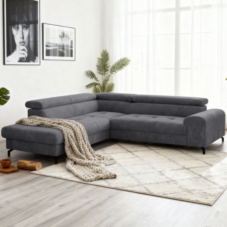 Sarokkanapé ágyazható funkcióval és ágyneműtartóval - bal sarok, sötétszürke színű  - 1