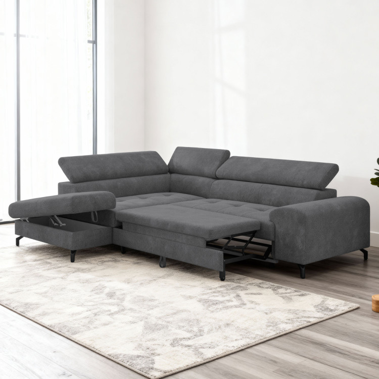 Sarokkanapé ágyazható funkcióval és ágyneműtartóval - bal sarok, sötétszürke színű  - 2