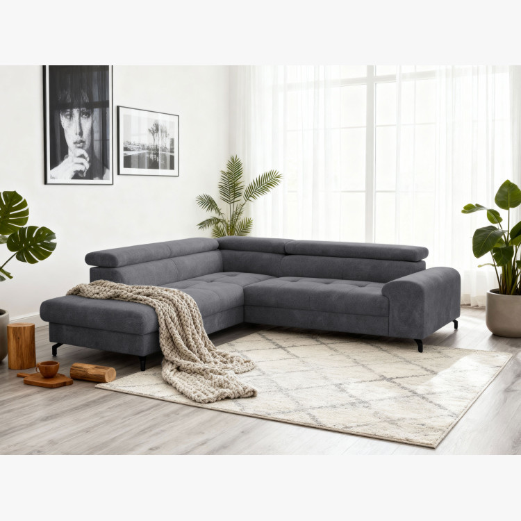 Sarokkanapé ágyazható funkcióval és ágyneműtartóval - bal sarok, sötétszürke színű  - 9