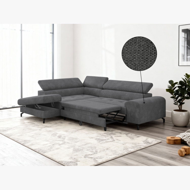 Sarokkanapé ágyazható funkcióval és ágyneműtartóval - bal sarok, sötétszürke színű  - 10