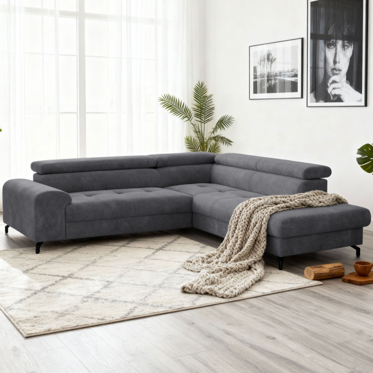 Sarokkanapé ágyazható funkcióval és ágyneműtartóval - jobb sarok, sötétszürke színű  - 1