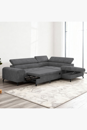 Sarokkanapé ágyazható funkcióval és ágyneműtartóval - jobb sarok, sötétszürke színű  - 1 2