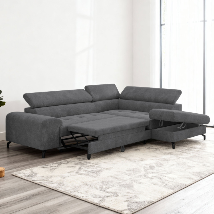 Sarokkanapé ágyazható funkcióval és ágyneműtartóval - jobb sarok, sötétszürke színű  - 2