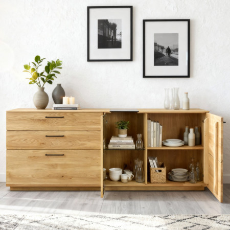 Dub tölgy komód 191 cm széles üveggel és ajtókkal  - 2