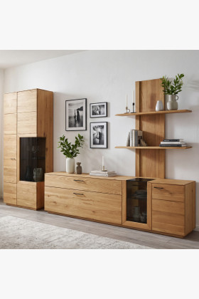 Tölgyfa nappali szekrénysor vitrinnel, TV-komóddal és polcokkal