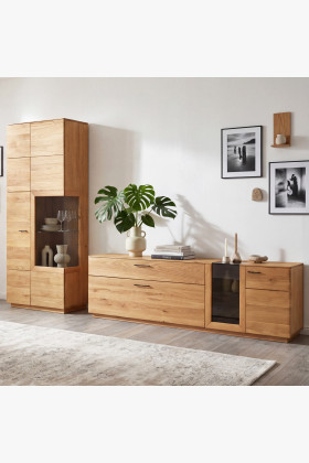 Tömör tölgyfa nappali fal szett vitrinnel és TV komóddal fekete