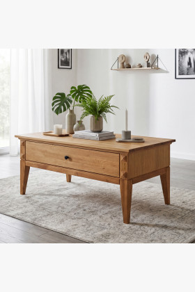 Tömör tölgyfa dohányzóasztal fiókkal, rusztikus skandináv stílusú