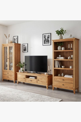 Tömör tölgy rusztikus skandináv bútorszett – TV-szekrény, vitrin,