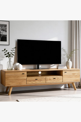 Masszív tömör tölgy TV komód lábakon, 200 cm, természetes olajozott