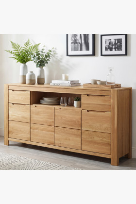 Natúr tölgyfa komód ajtókkal, fiókokkal és nyitott polccal, 184 cm