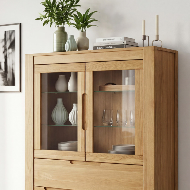 Dub tölgy vitrines szekrény üveges ajtókkal és fix  - 3