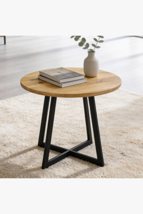 Kerek tömör tölgyfa dohányzóasztal fekete fém lábakkal 50 cm