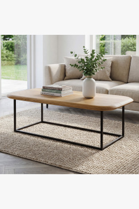 Tölgyfa téglalap alakú dohányzóasztal fekete vas lábakkal 120x60 cm