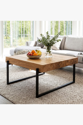 Tölgyfa dohányzóasztal fém lábakkal, 60x60 cm, ipari stílus