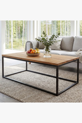 Tömör vad tölgy dohányzóasztal fém lábakkal 100x60 cm ipari stílusban