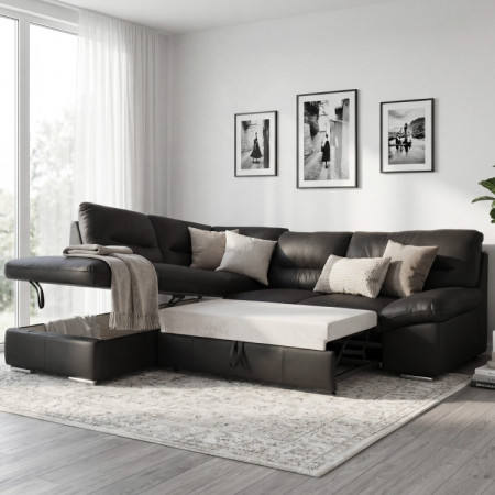 Rohos sarokkanapé - jobb oldali bőr fekete, William sarok balra  - 2