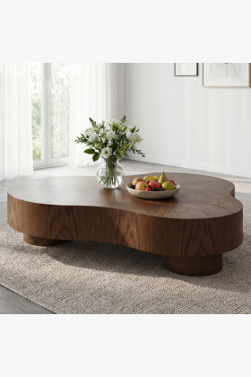 Diószínű tölgyfurnéros dohányzóasztal organikus formával, masszív