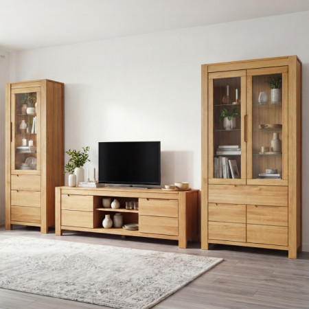 Tömörfa magas vitrin üvegajtókkal és fix polcokkal  - 12