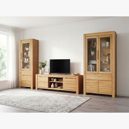 Tömörfa magas vitrin üvegajtókkal és fix polcokkal  - 13