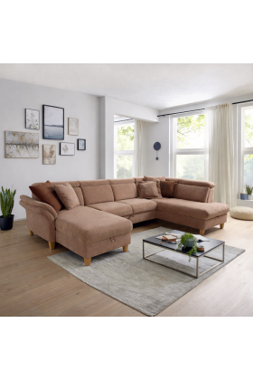 U alakú ülőgarnitúra jobb oldali ottománnal, fa szerkezet, modern