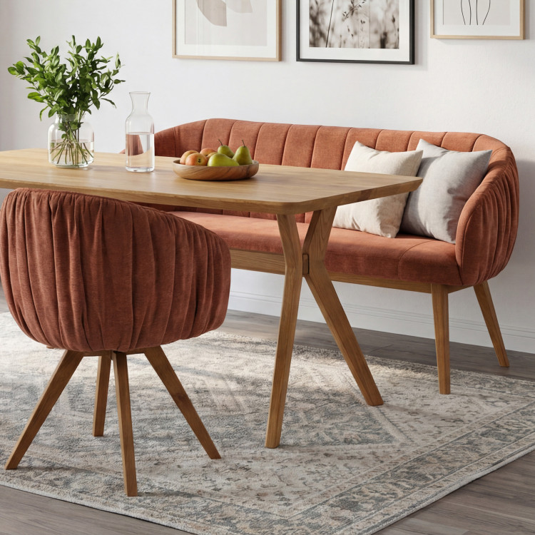 Čalouněná lavice Elba s dubovými nohami v cihlové barvě  - 2