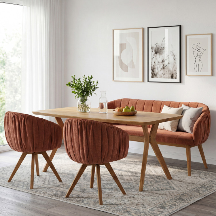 Čalouněná lavice Elba s dubovými nohami v cihlové barvě  - 3