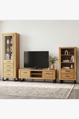 Martina tölgy nappali fal tömörfa ajtókkal, fekete fém lábakon