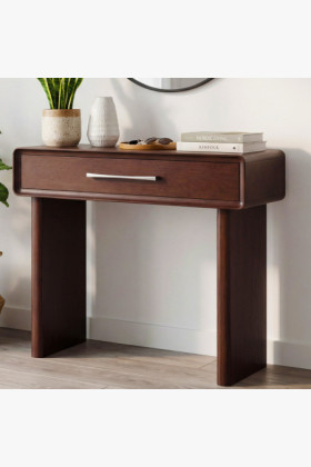 Dió színű design konzolasztal fiókkal, tölgy furnér, 90 cm