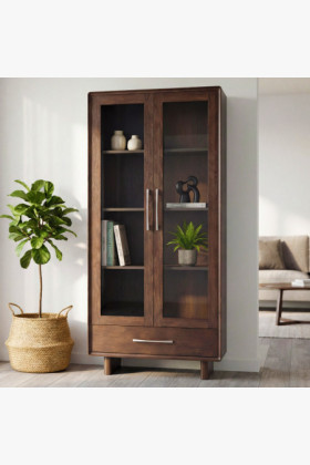 Vitrin üvegajtókkal és fiókkal dió színben