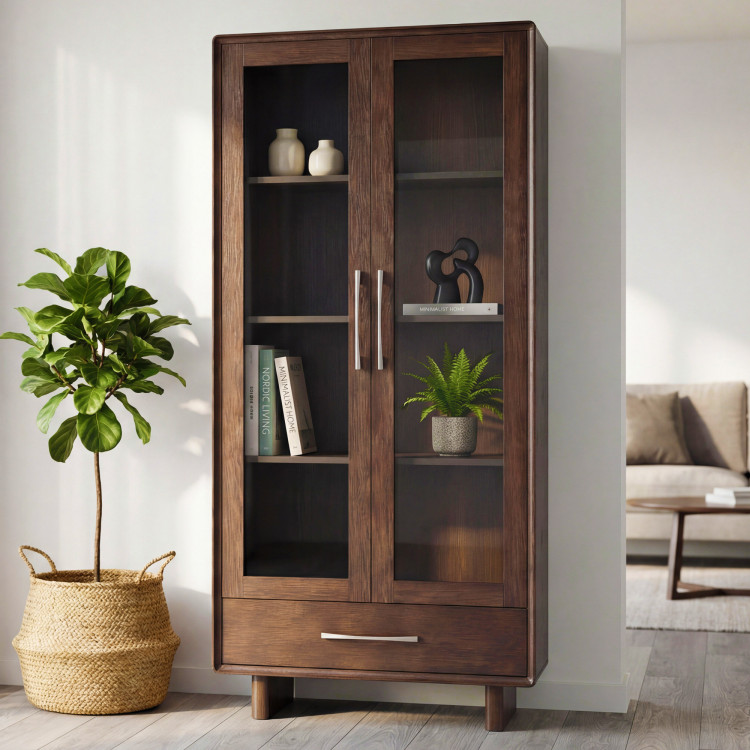 Vitrin üveges ajtóval és fiókkal dió színben