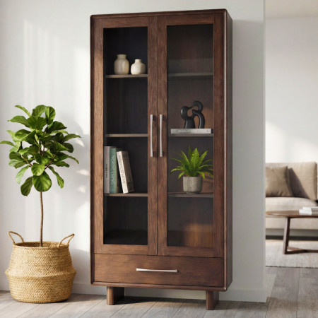 Vitrin üveges ajtóval és fiókkal dió színben