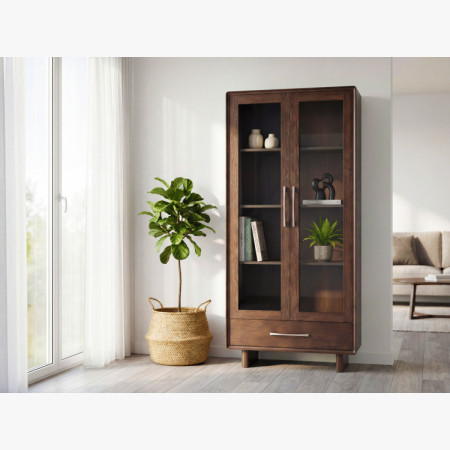 Vitrin üveges ajtóval és fiókkal dió színben