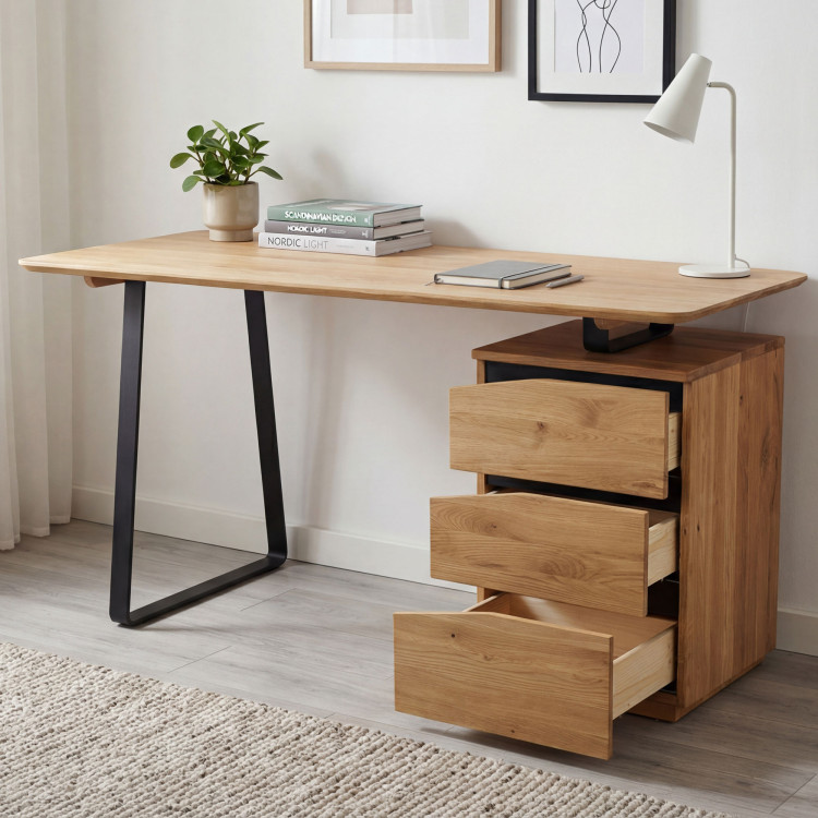 Tölgyfa munkaasztal, fekete fém lábakkal, Smak