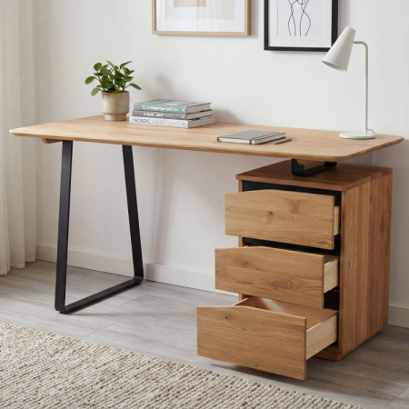 Tölgyfa munkaasztal, fekete fém lábakkal, Smak