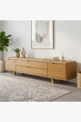 Skandináv stílusú tölgyfa TV-s komód világos színben, minimalista