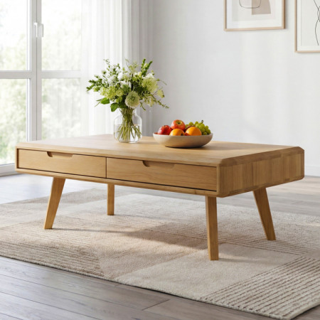 Tömörfa dohányzóasztal fiókokkal, natúr tölgy