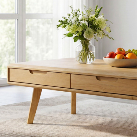 Tömörfa dohányzóasztal fiókokkal, natúr tölgy