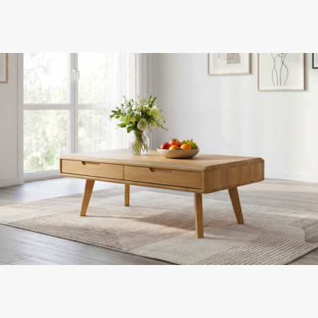 Tömörfa dohányzóasztal fiókokkal, natúr tölgy