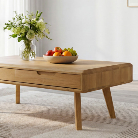 Tömörfa dohányzóasztal fiókokkal, natúr tölgy