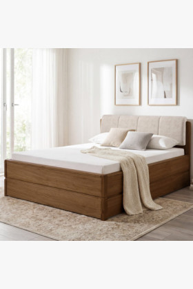 Tölgyfa ágy tárolóval 200x200 cm, pácolt tölgy, világos szövet fejvég